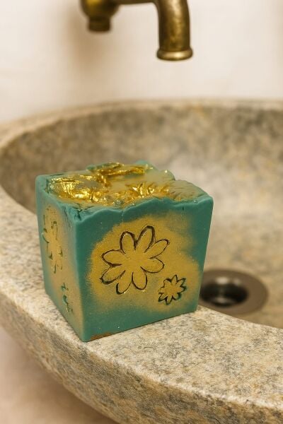 SOO SOAP Zümrüt Gold Çiçek Detaylı El Yapımı Hediyelik Dekoratif Sabun Dilimi