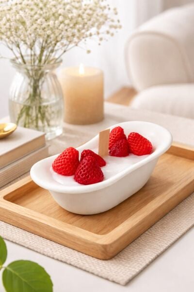 ÇİLEKLİ KÜVET MUM DEKORATİF EL DÖKÜMÜ SOYA WAX