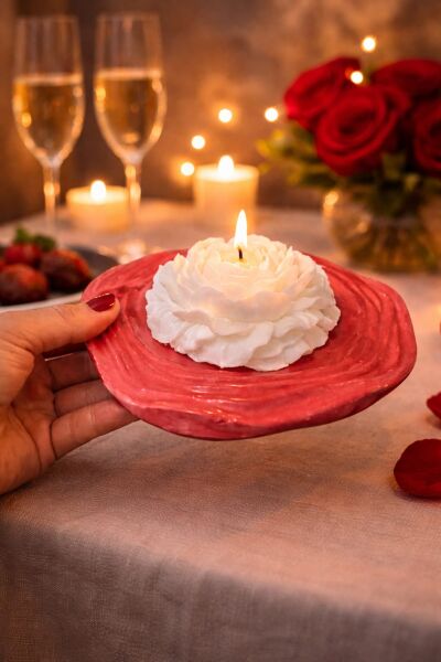 SOO GÜL MUM VE TABAK İKİLİ SET HEDİYELİK DEKORATİF EL YAPIMI