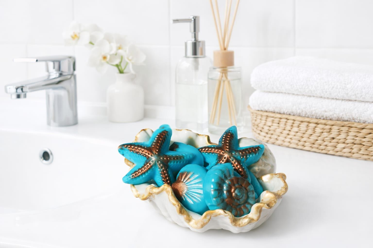 Soo Soap Deniz Temalı Dekoratif Sabun Seti – Kabuk Kase İçinde El Yapımı Banyo & Hediye Seti