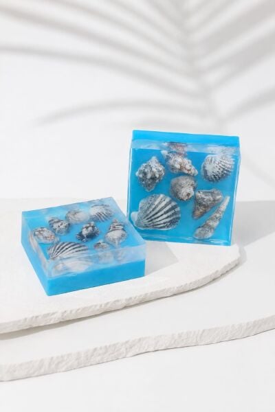 SOO SOAP El Yapımı Deniz Kabuğu Figürlü Dekoratif Sabun – Okyanus Temalı Mavi Sabun – 2'li Set