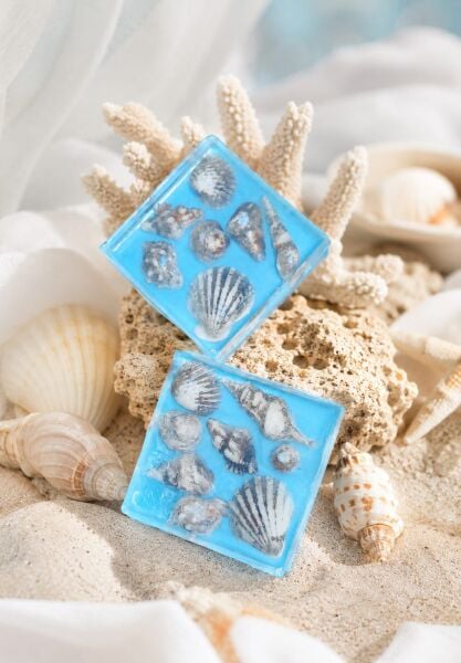 SOO SOAP El Yapımı Deniz Kabuğu Figürlü Dekoratif Sabun – Okyanus Temalı Mavi Sabun – 2'li Set
