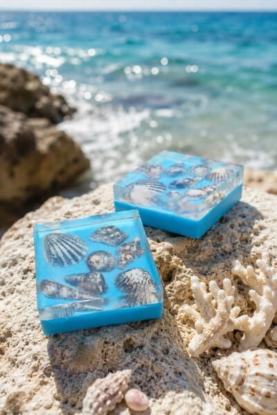 SOO SOAP El Yapımı Deniz Kabuğu Figürlü Dekoratif Sabun – Okyanus Temalı Mavi Sabun – 2'li Set